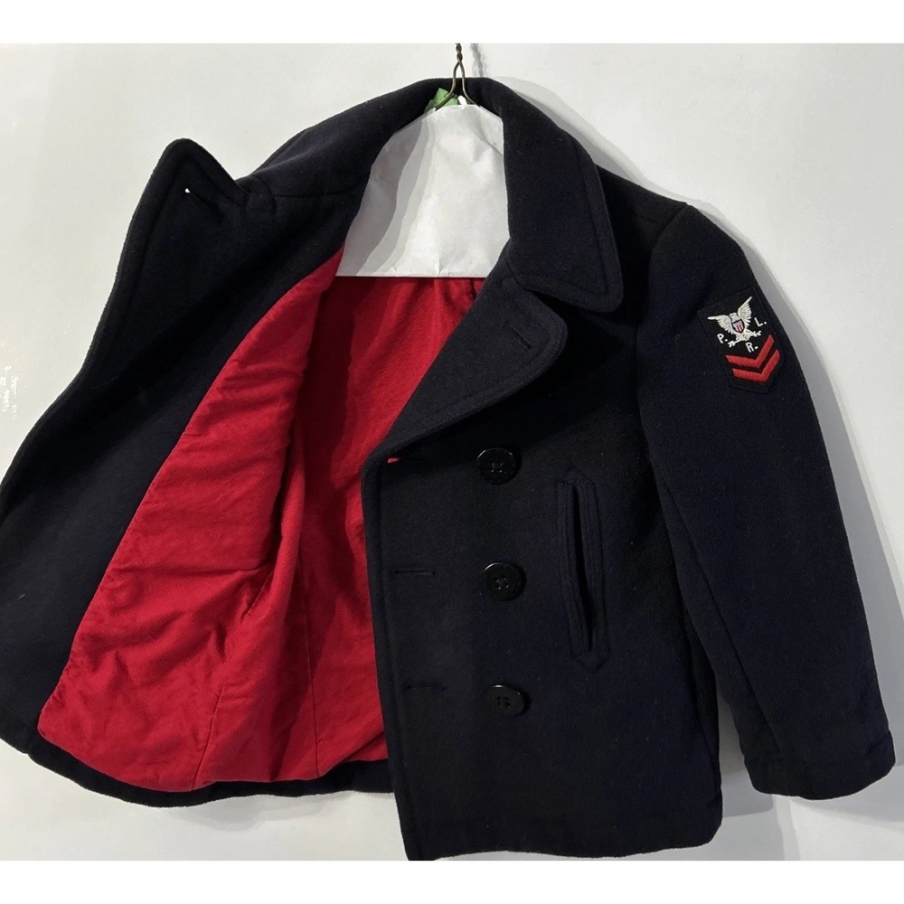 Boys Polo Ralph Lauren Wool Military P Coat Overcoat Sz 6 Navy Naval Patch Eagle